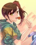  :d brown_hair candy food futami_mami holding hood hoodie idolmaster idolmaster_(classic) lollipop long_hair looking_at_viewer open_mouth side_ponytail smile solo striped striped_legwear tenkuu_sphere thighhighs yellow_eyes 