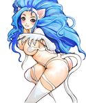  animal_ears ass big_hair blue_eyes blue_hair blush breasts cat_ears cat_tail felicia kazaana large_breasts long_hair paws solo tail vampire_(game) white_background 