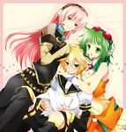  2girls akatsuki_yakyou blonde_hair blue_eyes blush goggles goggles_on_head green_eyes green_hair gumi headphones headset highres kagamine_len long_hair megurine_luka multiple_girls pink_hair short_hair shorts smile vocaloid 