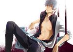  gintama kumano_yuzuko male_focus open_clothes open_shirt red_eyes sakata_gintoki shirt silver_hair solo 