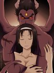  1girl black_hair breasts cleavage closed_eyes dark_persona demon_horns devil_(tekken) eyebrows hairband highres horns hug hug_from_behind kazama_jun kylance long_hair medium_breasts mishima_kazuya nude purple_skin red_sclera scar tekken thick_eyebrows third_eye wings yellow_eyes 