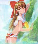  ass bikini brown_eyes brown_hair frilled_bikini frills hair_tubes hakurei_reimu long_hair looking_back mayo_riyo shiny shiny_skin smile solo swimsuit touhou traditional_media wading water waterfall 