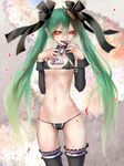  akaiyou aqua_hair ascot battery bikini borrowed_character brand_name_imitation calne_ca crustacean detached_collar detached_sleeves eneloop flat_chest groin hatsune_miku highres isopod licking navel open_mouth original red_eyes skinny solo swimsuit thighhighs vocaloid 