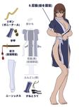  absurdres bare_legs barefoot breasts brown_hair bula choker dead_or_alive dressing flat_color hair_down highres japanese_clothes kasumi_(doa) long_hair medium_breasts ninja no_bra pelvic_curtain sash short_sleeves solo standing thighhighs translation_request tying 