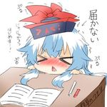  bad_id bad_twitter_id blue_hair blush book chalk closed_eyes expressive_clothes hat kamishirasawa_keine long_hair lowres open_mouth rebecca_(keinelove) solo table touhou translated 