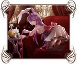  alcohol animal_ears armchair blush bra bra_removed breasts bunny_ears candle chair chandelier corset frame looking_at_viewer medium_breasts purple_hair red_eyes reisen_udongein_inaba ribbon shiroton_(kazamineko) skirt solo thighhighs topless touhou underwear 