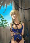  arms_behind_back blonde_hair breasts chain chained cleavage gloves green_eyes highres kagura_dfc large_breasts long_hair looking_away panties solo sophitia_alexandra soulcalibur torn_clothes torn_gloves underwear 