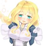  1girl :d blonde_hair blue_eyes bodysuit breasts female gloves kyoukai_senjou_no_horizon kyoukaisenjou_no_horizon mary_stuart open_mouth smile solo 