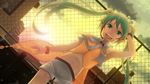  aqua_eyes aqua_hair dutch_angle hatsune_miku headphones kunishi_rei lens_flare long_hair looking_at_viewer md5_mismatch midriff navel necktie open_mouth outdoors project_diva_(series) project_diva_2nd shorts sky smile solo sunset twintails very_long_hair vocaloid wind yellow_(vocaloid) 