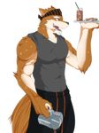 anthro bandanna biceps blush canine clothing dog drink fur ice ig male mammal muscles pants pecs pose shirt solo standing tank_top unknown_artist waiter yellow_eyes 
