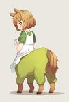  animal_ears blush brown_eyes brown_hair casual centaur copyright_request embarrassed flying_sweatdrops hooves kito_(sorahate) looking_back monster_girl short_hair solo tail wavy_mouth 