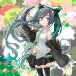  animal_ears detached_sleeves green_hair hatsune_miku kemonomimi_mode koshino_nose long_hair looking_at_viewer necktie skirt solo tail thighhighs very_long_hair vocaloid 