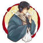  bag baozi black_hair eating food gintama groceries headphones japanese_clothes male_focus nijita scarf solo yamazaki_sagaru 