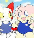  blush chubby claws couple cute duo female fur furry113 hand_holding looking_at_viewer markings nintendo outside pink_body pok&#233;mon pok&eacute;mon red_markings swimsuit video_games white_fur yellow_body zangoose 