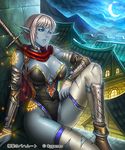  ankle_boots armor bandages blue_eyes blue_skin boots bracer breasts crescent_moon dark_elf elf glowing large_breasts leotard lieqi_hun lips moon night pointy_ears red_scarf scarf shingeki_no_bahamut solo sword tattoo thighhighs torn_clothes torn_legwear watermark weapon white_hair 