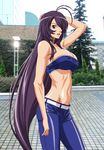  1girl arms_up ass bare_shoulders belt blue_eyes breasts building cleavage covered_nipples denim erect_nipples hair_over_one_eye hips huge_breasts ikkitousen jeans kan'u_unchou kanu_unchou large_breasts legs long_hair looking_at_viewer midriff navel no_bra open_mouth pants purple_hair solo standing thighs very_long_hair yabusame 