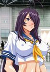  1girl antenna_hair blue_eyes blush breasts covered_nipples erect_nipples hair_over_one_eye ikkitousen kan'u_unchou kanu_unchou large_breasts long_hair looking_away public purple_hair school_uniform smile standing sweat yabusame 