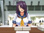  1girl antenna_hair breasts covered_nipples erect_nipples eyes_closed hair_over_one_eye happy ikkitousen kan'u_unchou kanu_unchou large_breasts long_hair open_mouth public purple_hair school_uniform sitting smile table yabusame 