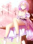  ^_^ bare_legs bare_shoulders breasts choker cleavage closed_eyes deeshima highres in_tree japanese_clothes large_breasts off_shoulder pink_hair saigyouji_yuyuko short_hair sitting sitting_in_tree smile solo touhou tree wrist_cuffs 