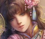  axis_powers_hetalia blue_eyes brown_hair chinese_clothes close-up cropped earrings eyelashes face flower hair_flower hair_ornament jewelry lips looking_at_viewer pink_flower pink_rose realistic rose taiwan_(hetalia) yang_fan 