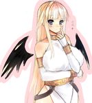  bare_shoulders blonde_hair blue_eyes blush breasts cosplay half_updo heart highres huatu_jiang huge_breasts light_smile long_hair mabinogi mabinogi_heroes morrighan morrighan_(cosplay) solo tieve translation_request wings 