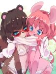  2girls animal_ears asymmetrical_docking belly_to_belly bikini blue_eyes blush breast_press breasts brown_hair cleavage drooling embarrassed flat_chest furry glasses groin heavy_breathing highres mouse_ears mouse_tail multiple_girls navel open_mouth original pink_hair raccoon_ears raccoon_tail saliva scarf shared_scarf short_hair smile swimsuit tail tears upper_body white_bikini white_scarf white_swimsuit yuuki_(yuyuki000) 