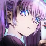  1girl bangs blue_eyes blurry blurry_foreground controller copyright_name copyright_request depth_of_field dress from_side highres holding looking_at_viewer looking_to_the_side multicolored multicolored_eyes nazoani_museum portrait purple_dress purple_eyes purple_hair remote_control solo twintails wide-eyed 