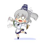  blush blush_stickers candy crying flying_sweatdrops food grey_hair hat japanese_clothes jar leg_up long_sleeves mononobe_no_futo open_mouth ponytail skirt solo stuck tate_eboshi touhou urushi wide_sleeves 