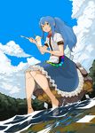  :t alternate_hairstyle bad_id bad_pixiv_id barefoot blue_hair brown_eyes hinanawi_tenshi holding holding_spoon keystone long_hair ponytail red_eyes sitting soaking_feet solo spoon touhou water yokohachi 