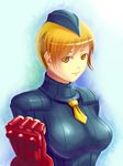  blonde_hair blue_leotard breasts clenched_hand fingerless_gloves garrison_cap gloves hat juni large_breasts leotard necktie ryourou_(edexigerero) short_hair street_fighter street_fighter_zero_(series) upper_body yellow_eyes 