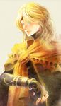  blonde_hair blue_eyes bodysuit cape dhaos_(tales) expressionless fingerless_gloves gloves hatomame long_hair male_focus sepia_background solo tales_of_(series) tales_of_phantasia 