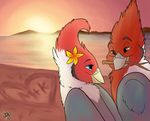  avian bird blondefoxy couple female flower flower_in_hair grey_feathers male red_feathers sunset 