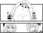  :3 bow cirno dress fang flandre_scarlet frozen greyscale hair_bow hat hong_meiling hong_meiling_(panda) monochrome multiple_girls open_mouth seki_(red_shine) sparkle star touhou 