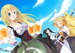  :d alcohol angel_wings apron beer beer_mug black_hair black_wings blonde_hair blue_eyes blush closed_eyes commentary_request cross-laced_clothes cup dirndl dress drinking_glass frills german_clothes heidi_ogezevara holding holding_cup kanro_ame_(ameko) kyoukaisenjou_no_horizon long_hair malga_naruze margot_knight mug multiple_girls oktoberfest open_mouth smile underbust wings 