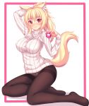  1girl absurdres animal_ears arm_up black_legwear blonde_hair blush breasts cat_ears closed_mouth commentary crotch_seam english_commentary eyebrows_visible_through_hair fast-runner-2024 hair_between_eyes hair_ornament hair_scrunchie highres large_breasts lips long_hair long_sleeves looking_at_viewer nekomimi no_pants original panties panties_under_pantyhose pantsu pantyhose ponytail red_eyes ribbed_sweater scrunchie simple_background slit_pupils solo sweater tail thighband_pantyhose tiffy turtleneck turtleneck_sweater underwear white_background white_panties white_sweater 