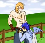  big_macintosh_(mlp) blue_hair blush clothing duo equine fellatio fence freckles friendship_is_magic gay hair hasana-chan human humanized male mammal my_little_pony not_furry oral oral_sex pegasus sex signature soarin_(mlp) sweat topless wings wonderbolts_(mlp) 