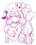  animal_ears bare_shoulders breast_hold breast_squeeze breasts cat_ears covered_nipples crescent hat homura_subaru kemonomimi_mode large_breasts long_hair low-tied_long_hair monochrome patchouli_knowledge solo touhou upper_body 