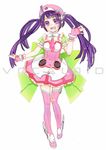  boots chu_(cryla) copyright_name frills full_body gloves heart heart-shaped_pupils long_hair pink_footwear purple_eyes purple_hair solo symbol-shaped_pupils thighhighs tone_rion vocaloid waving white_background zettai_ryouiki 