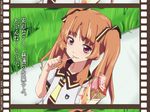  ano_natsu_de_matteru brand_name_imitation brown_hair film_strip food grass holding long_hair pink_eyes pocky school_uniform smile solo sutein translated twintails yamano_remon 