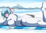  1girl aoi_(gegege_no_kitarou) ass astraea13 bikini blue_eyes blue_hair blue_skin breasts cleavage fat gegege_no_kitarou huge_ass huge_breasts looking_at_viewer lying monster_girl on_stomach ponytail smile solo swimsuit yuki_onna 
