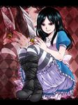  1girl alice:_madness_returns alice_(wonderland) alice_in_wonderland alice_liddell american_mcgee&#039;s_alice american_mcgee's_alice artist_request black_hair bloomers boots dress green_eyes jewelry knife legwear necklace skirt smile solo stockings striped striped_legwear striped_stockings thighhighs underwear weapon 