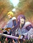  alternate_costume armor bad_id bad_pixiv_id black_eyes black_hair blonde_hair blue_eyes flynn_scifo gloves grass kenta_(4015819) kneeling long_hair male_focus multiple_boys open_mouth sword tales_of_(series) tales_of_vesperia tales_of_vesperia:_the_first_strike tree weapon yuri_lowell 