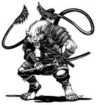  armor black_and_white claws demon displacer_beast fangs feline green_ronin greyscale ilya_astrakhan katana looking_at_viewer male mammal medieval_armor monochrome plain_background samurai sword wakizashi weapon white_background 