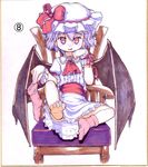  bat_wings blue_hair chair cum cum_on_body cum_on_lower_body hat hat_ribbon holding implied_footjob kawamura_tenmei marker_(medium) millipen_(medium) red_eyes remilia_scarlet ribbon shikishi sitting socks solo touhou traditional_media wings wrist_cuffs 