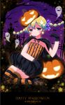  braid halloween hat highres jack-o'-lantern kuromaru multicolored_hair original pumpkin solo striped thighhighs twin_braids two-tone_hair vertical_stripes 