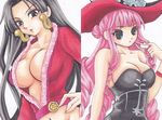  2girls amazon bare_shoulders black_eyes black_hair boa_hancock breasts cleavage earrings female fur_trim hat jewelry koryuan lowres midriff multiple_girls one_piece perona pink_hair sabaody_archipelago 