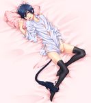  ao_no_exorcist bad_id bad_pixiv_id black_legwear blue_eyes blue_hair full_body male_focus moyuki okumura_rin on_bed pillow pointy_ears shirt tail thighhighs tongue tongue_out 