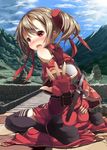  bad_id bad_pixiv_id bare_shoulders black_legwear blush brown_hair fingerless_gloves gloves hand_on_ass highres mountain open_mouth outstretched_arm re:n_ne red_eyes silica sitting sky solo sword_art_online thighhighs twintails wariza weapon 