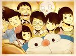  4boys antenna_hair beret black_hair bob_cut brown_eyes closed_eyes dekisugi_hidetoshi doraemon doraemon_(character) dorami dorayaki food glasses gouda_jaiko gouda_takeshi grin hand_on_another's_head hat honekawa_suneo low_twintails minamoto_shizuka multiple_boys multiple_girls nijiiro_funk nobi_nobita open_mouth parted_lips short_hair simple_background smile twintails wagashi windowboxed 