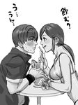  1girl bikini blush claire_redfield drink drinking_straw eye_contact greyscale highres katou_teppei licking_lips long_hair looking_at_another monochrome ponytail resident_evil resident_evil_code:_veronica steve_burnside sweat swimsuit tongue tongue_out translation_request 